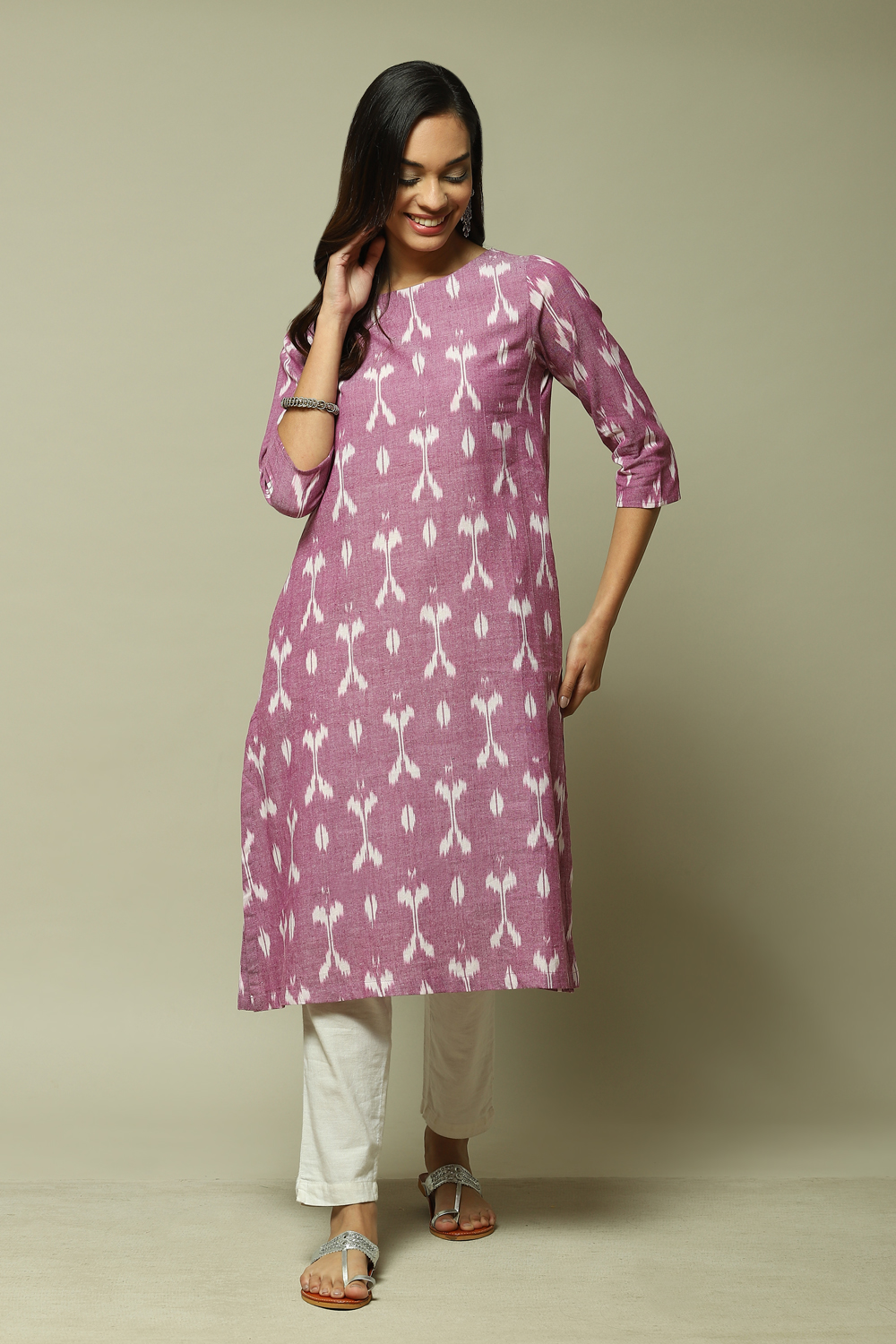 

Off-White & Purple Cotton IKAT Flared Yarndyed Kurta