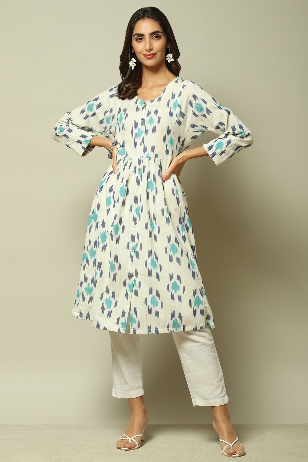 

Off White & Blue Cotton IKAT Flared Yarndyed Kurta