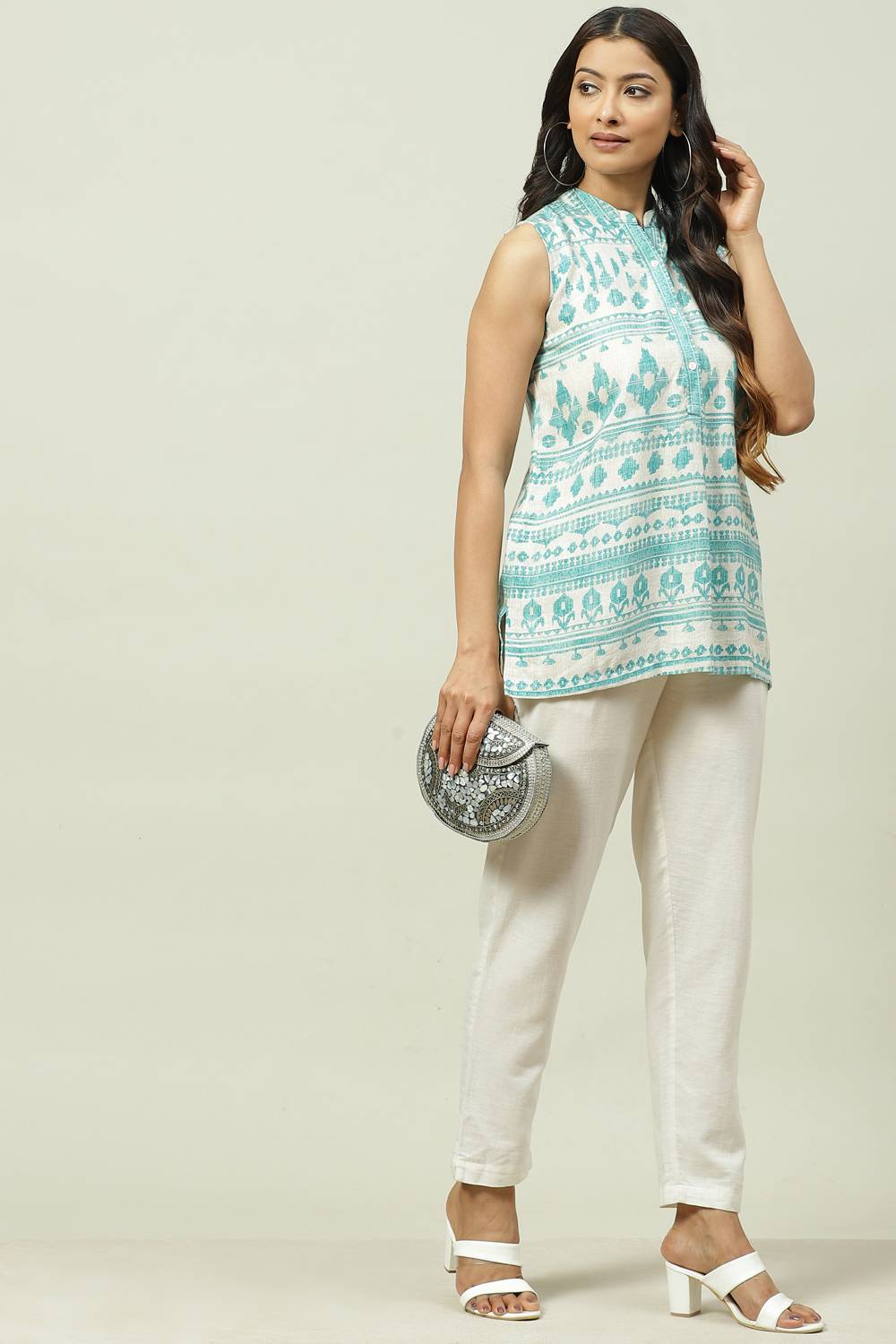 

Turquoise Rayon Flared Printed Top