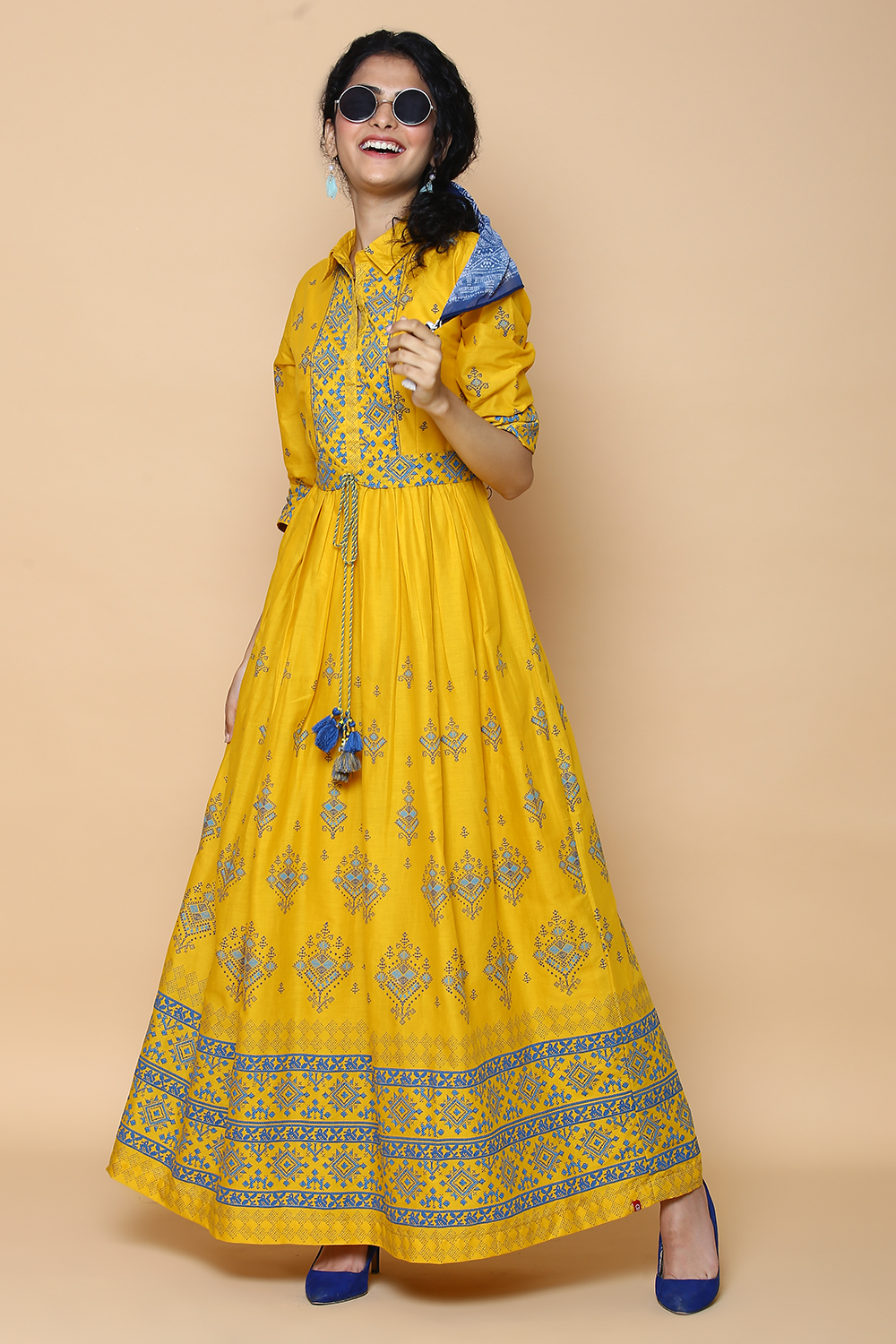 

Mustard Cotton Printed Kurta Dress