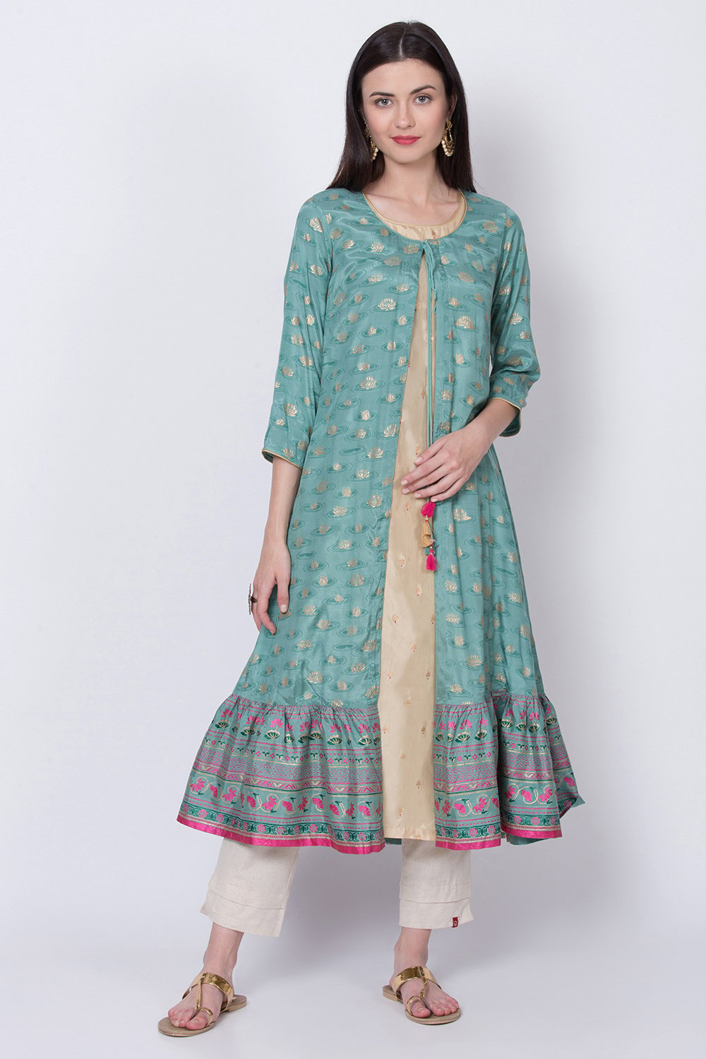 

Light Turquoise Viscose Front Open Printed Kurta