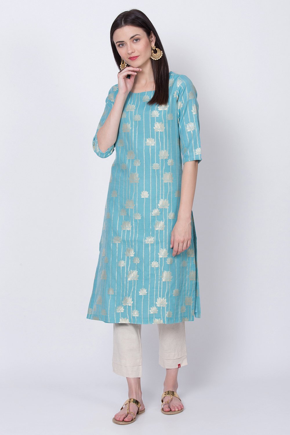 

Light Turquoise Poly Metallic Cotton Straight Yarndyed Kurta