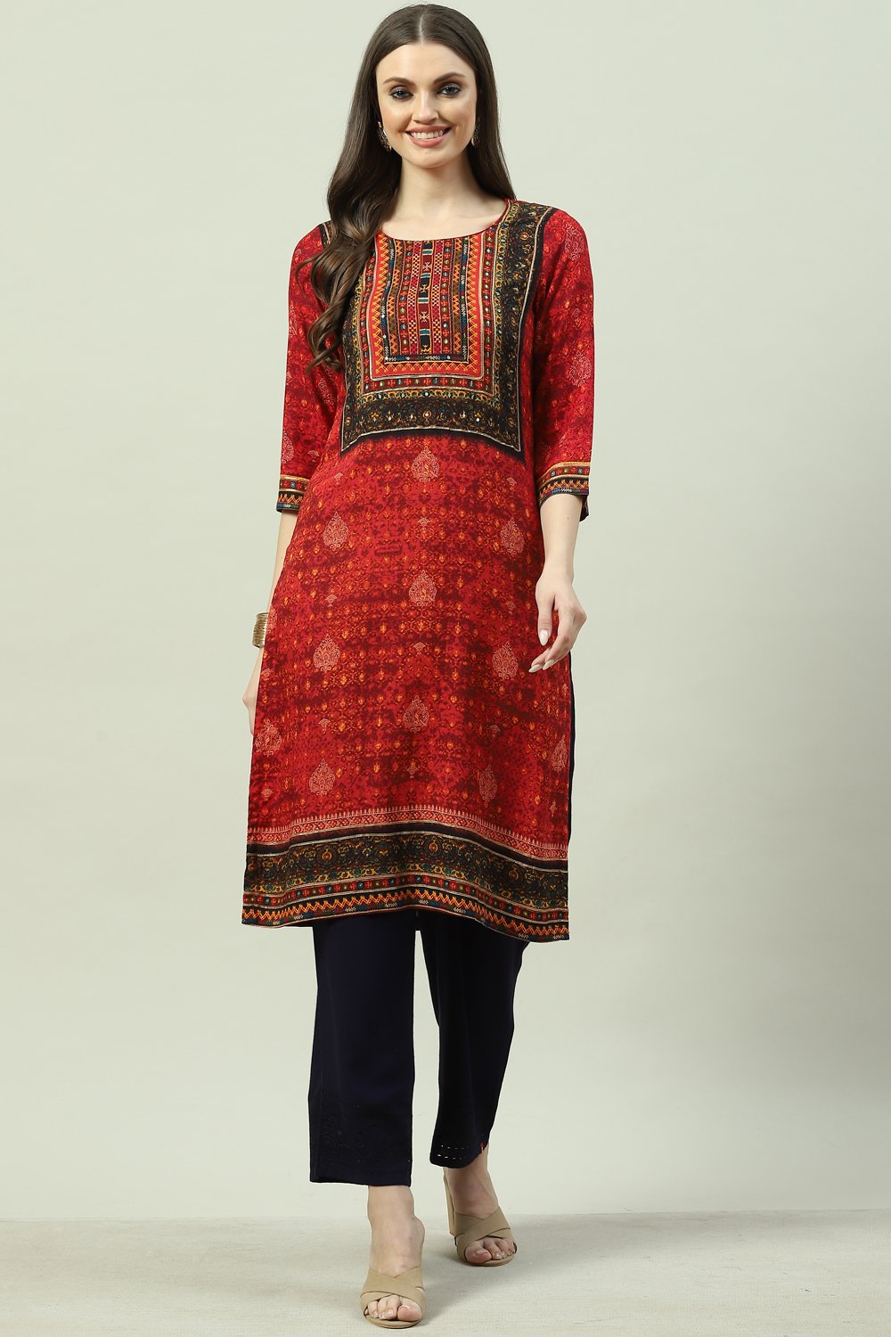 

Red LIVA Straight Printed Kurta