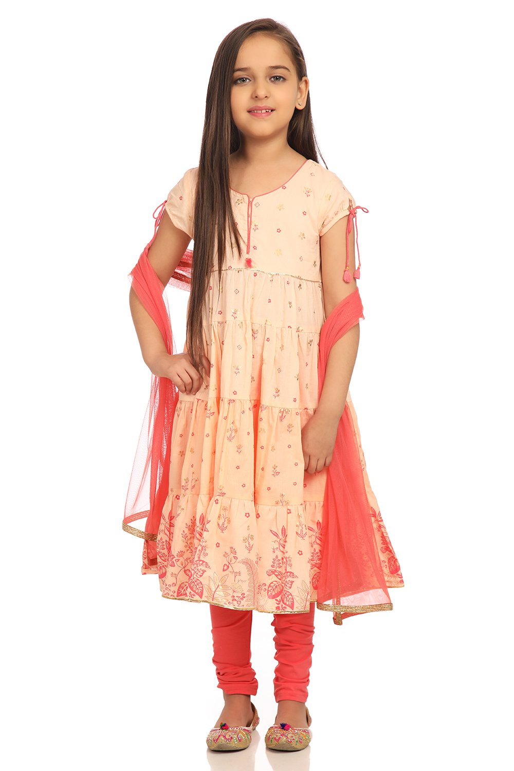 

Peach Cotton Anarkali Kurta Churidar Suit Set