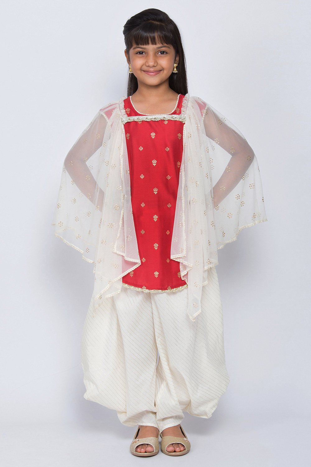 

Red And Off White Cotton Silk Straight Kurta Dhoti Pant Suit Set