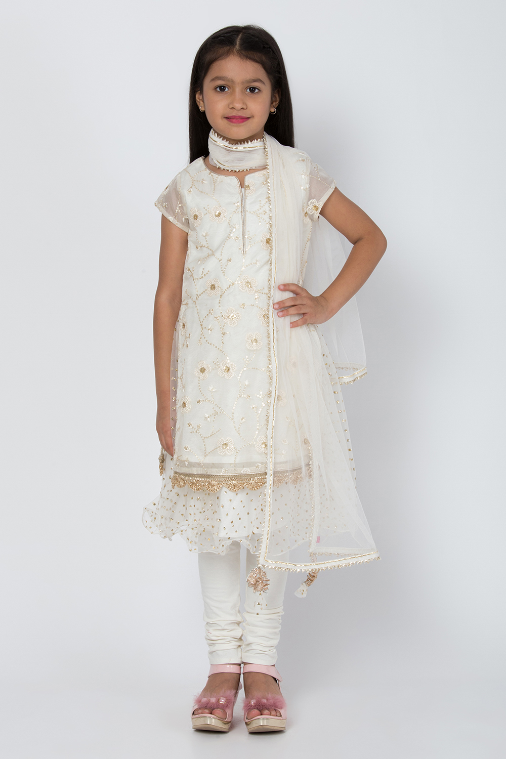 

Ivory Art Silk Straight Kurta Churidar Suit Set