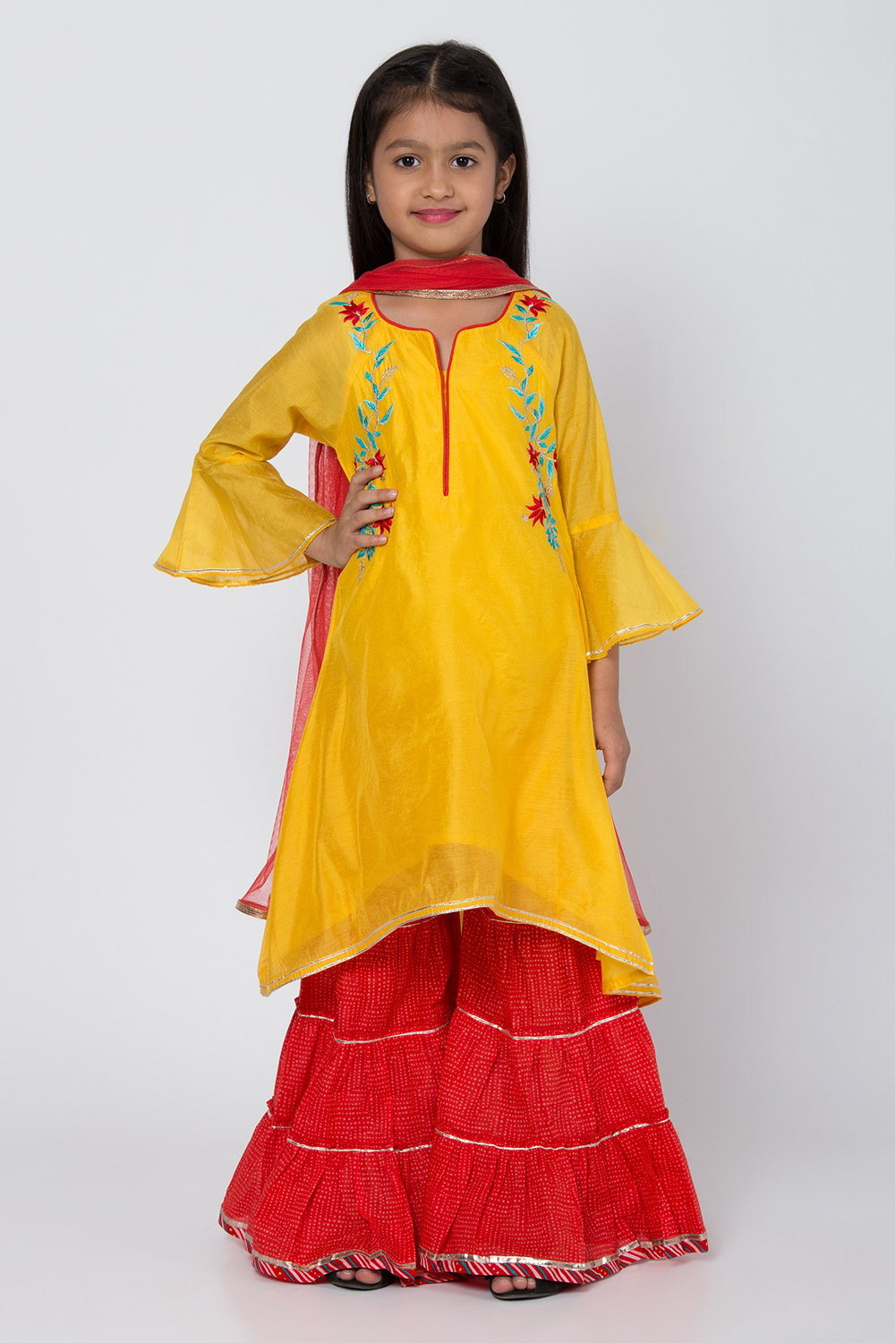 

Red And Yellow Poly Cotton Asymmetric Kurta Sharara Suit Set