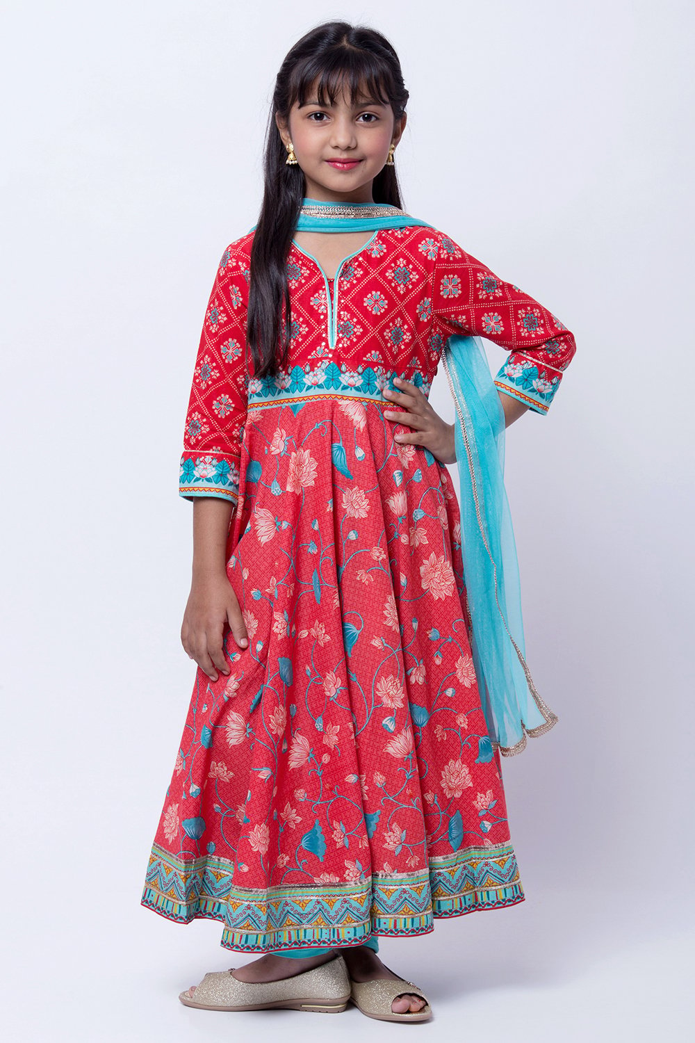 

Red And Turquoise Cotton Anarkali Kurta Churidar Suit Set