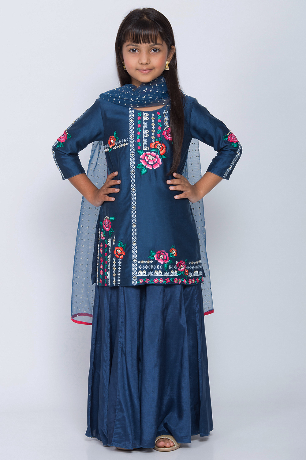 

Blue Cotton Silk Straight Kurta Sharara Suit Set