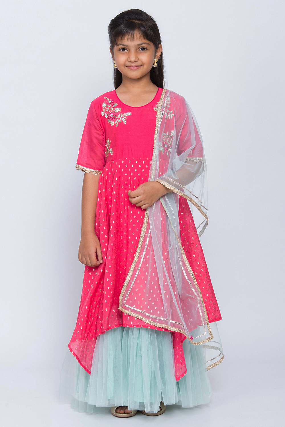 

Pink Art Silk Asymmetric Kurta Churidar Suit Set