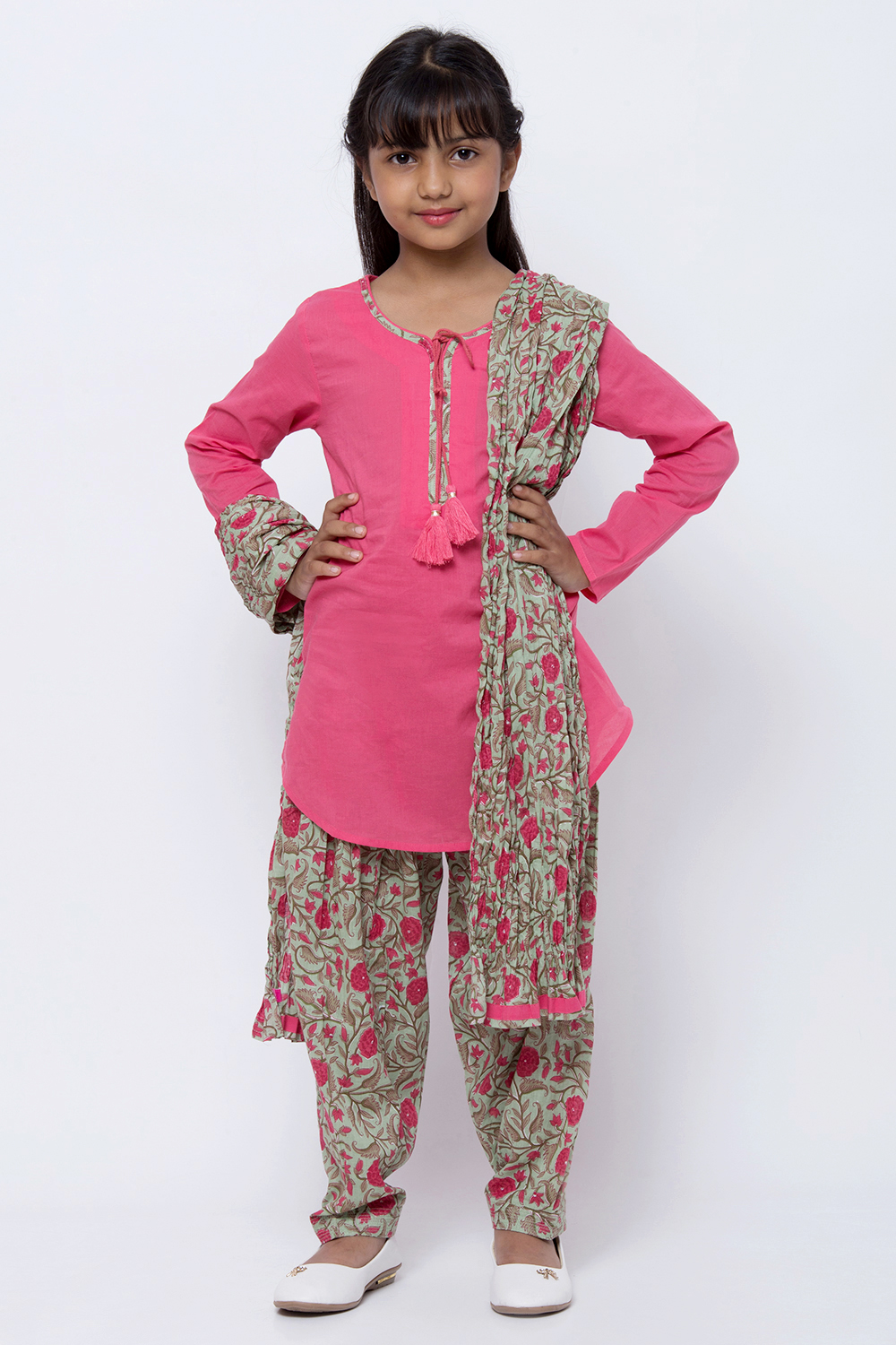 

Pink And Turquoise Cotton Straight Kurta Salwar Suit Set