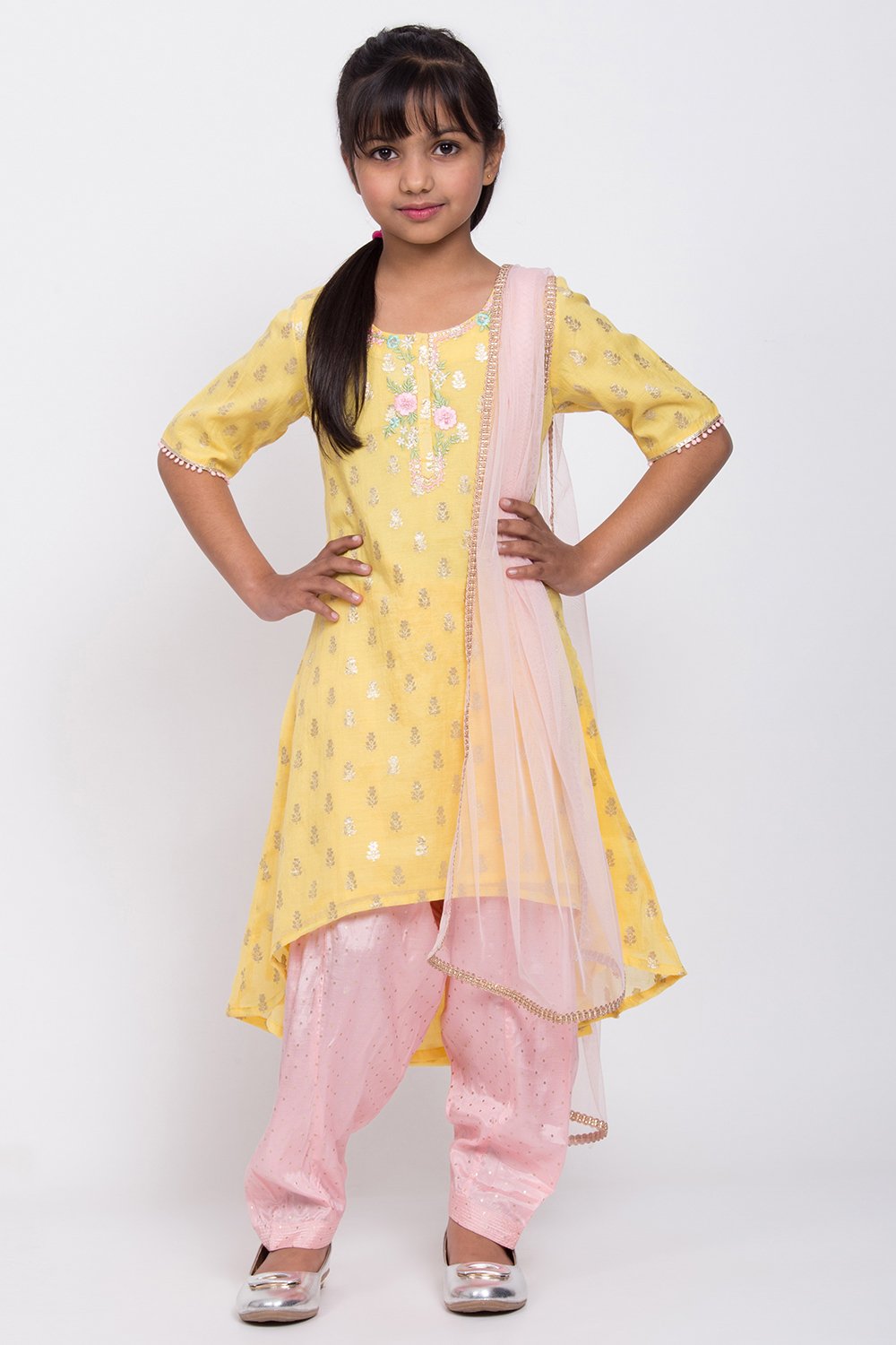 

Yellow Poly Cotton A-Line Kurta Salwar Suit Set