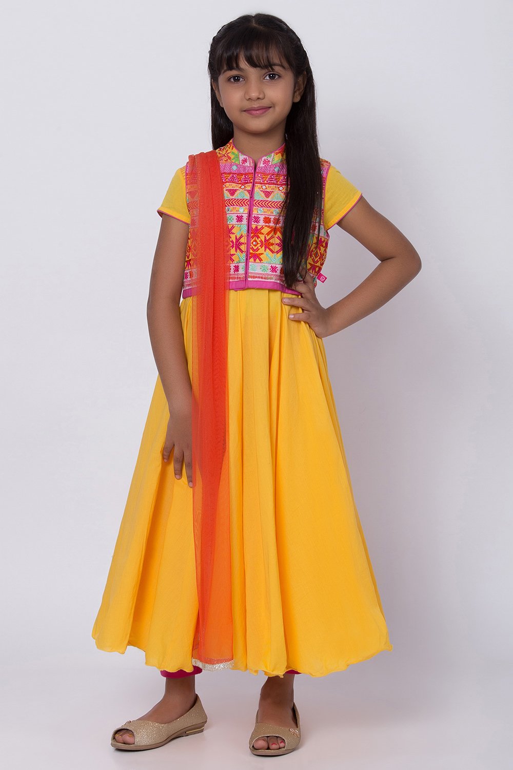 

Yellow Cotton Anarkali Kurta Churidar Suit Set