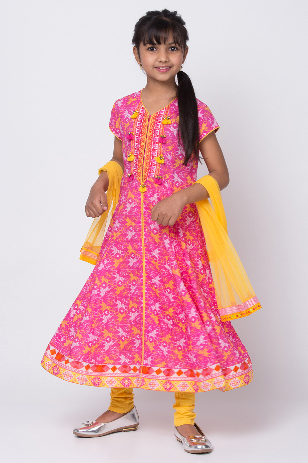 

Yellow Cotton Flared Kurta Churidar Suit Set