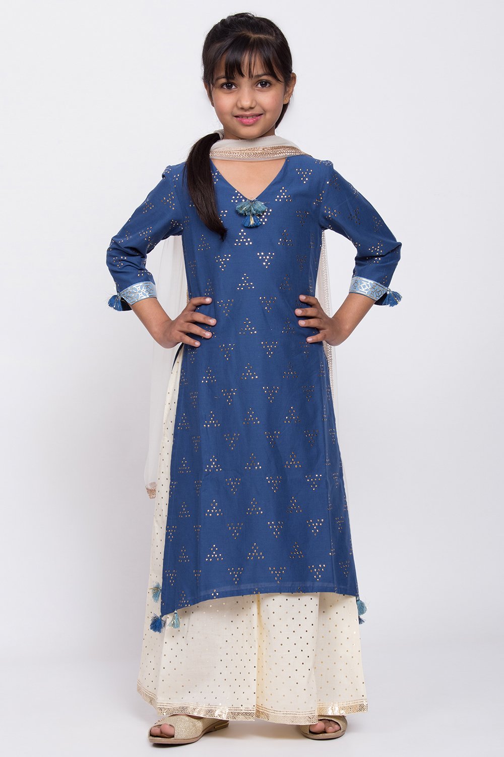 

Marine Blue Cotton Sharara Kurta Flared Palazzo Suit Set