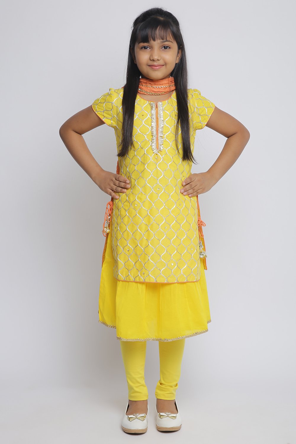 

Yellow Cotton Double Layered Kurta Churidar Suit Set