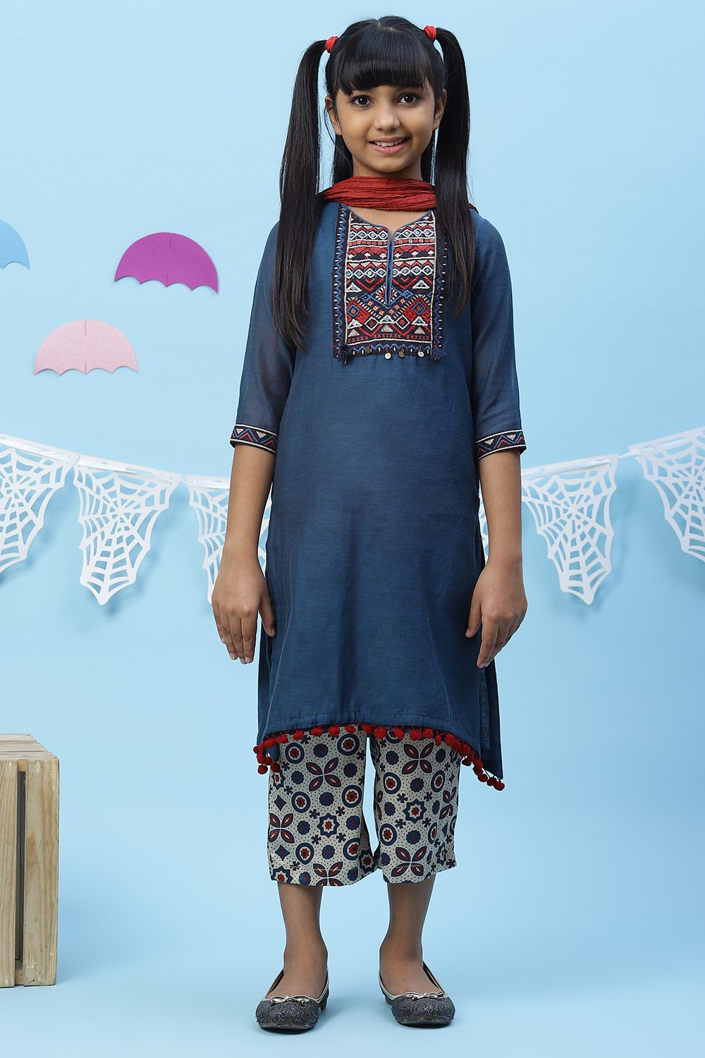 

Blue Art Silk Girls Straight Straight Kurta Palazzo Suit Set