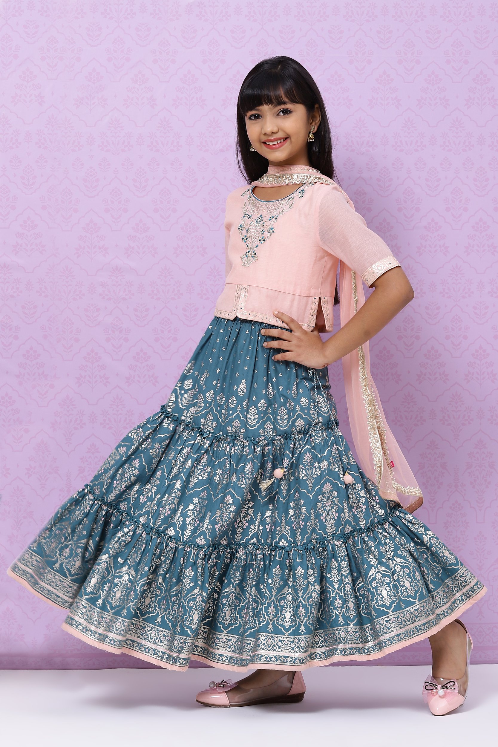 

Peach And Teal Straight Poly Cotton Girls Lehenga Set