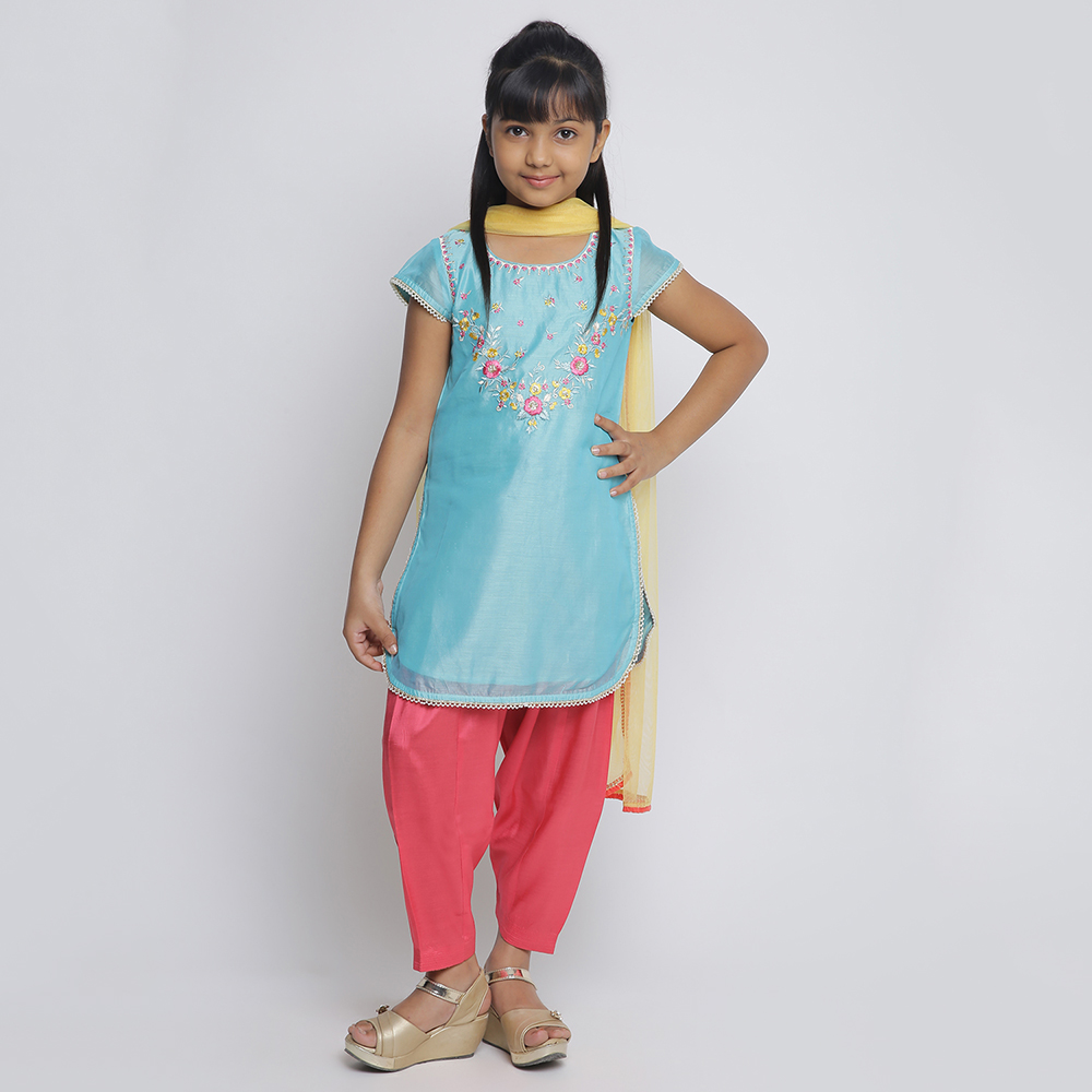 

Turquoise Poly Cotton Straight Kurta Salwar Suit Set