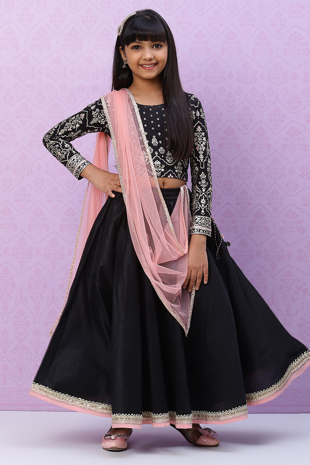 

Black Straight Viscose And Lycra Girls Lehenga Set