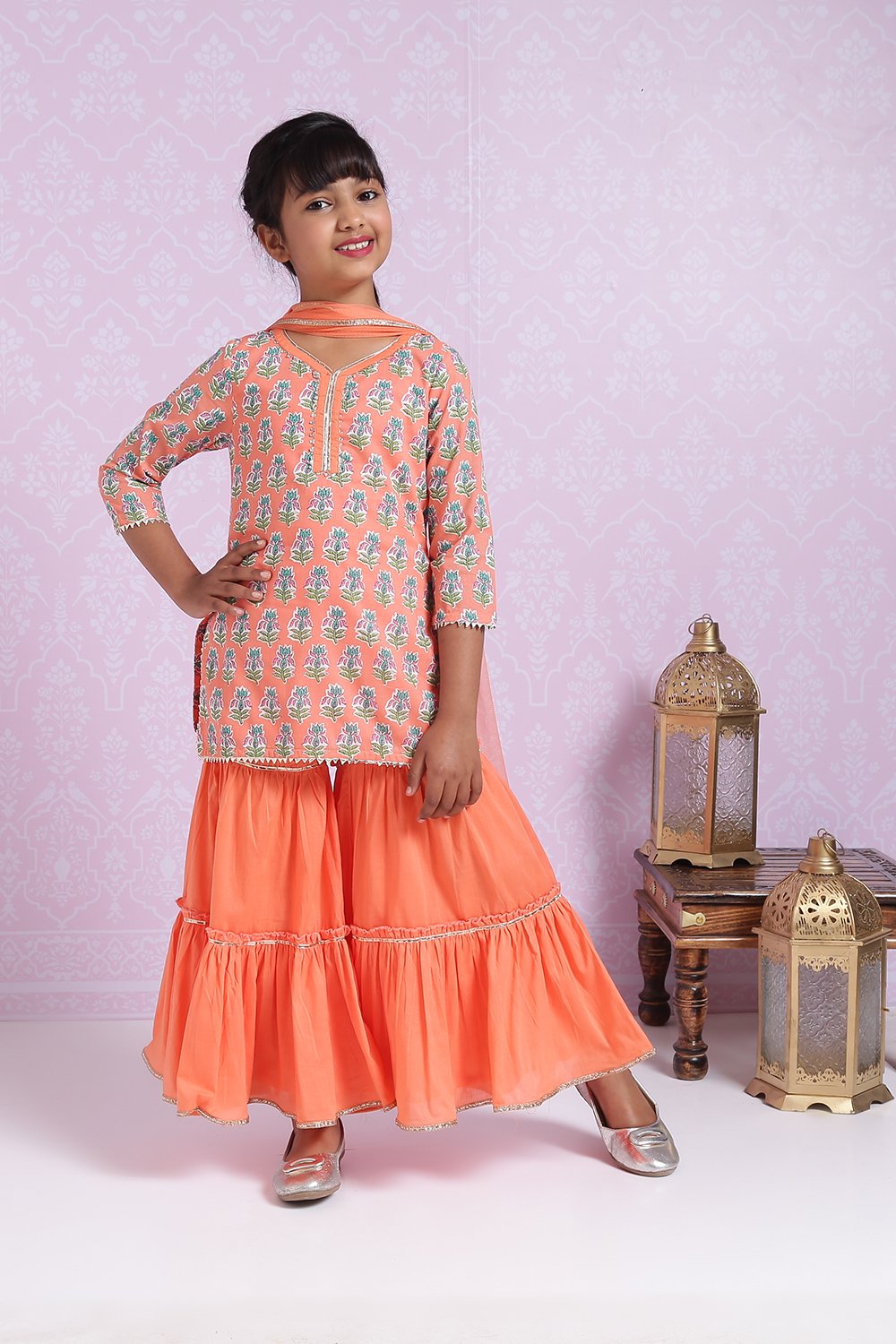 

Peach Cotton Straight Kurta Sharara Suit Set