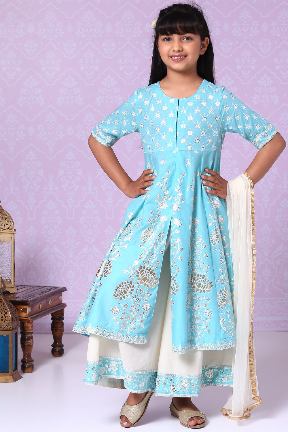 

Light Blue Cotton Kalidar Kurta Flared Palazzo Suit Set