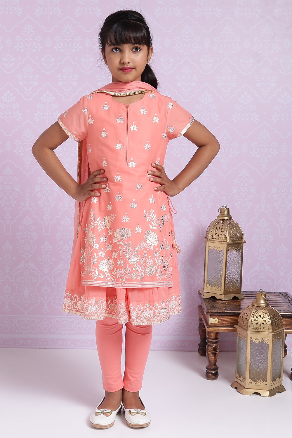 

Peach Cotton Double Layered Kurta Churidar Suit Set