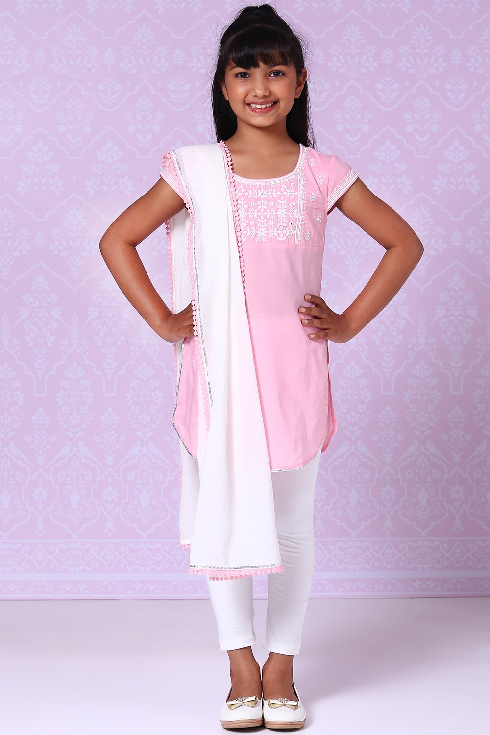 

Pink Cotton Chikankari Kurta Legging Suit Set