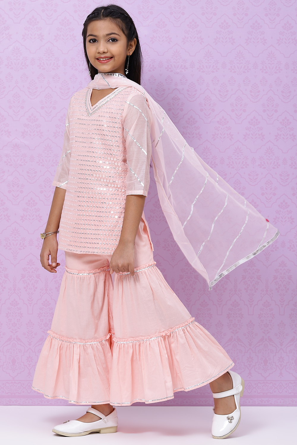 

Pastel Pink Art Silk Girls Straight Kurta Sharara Suit Set