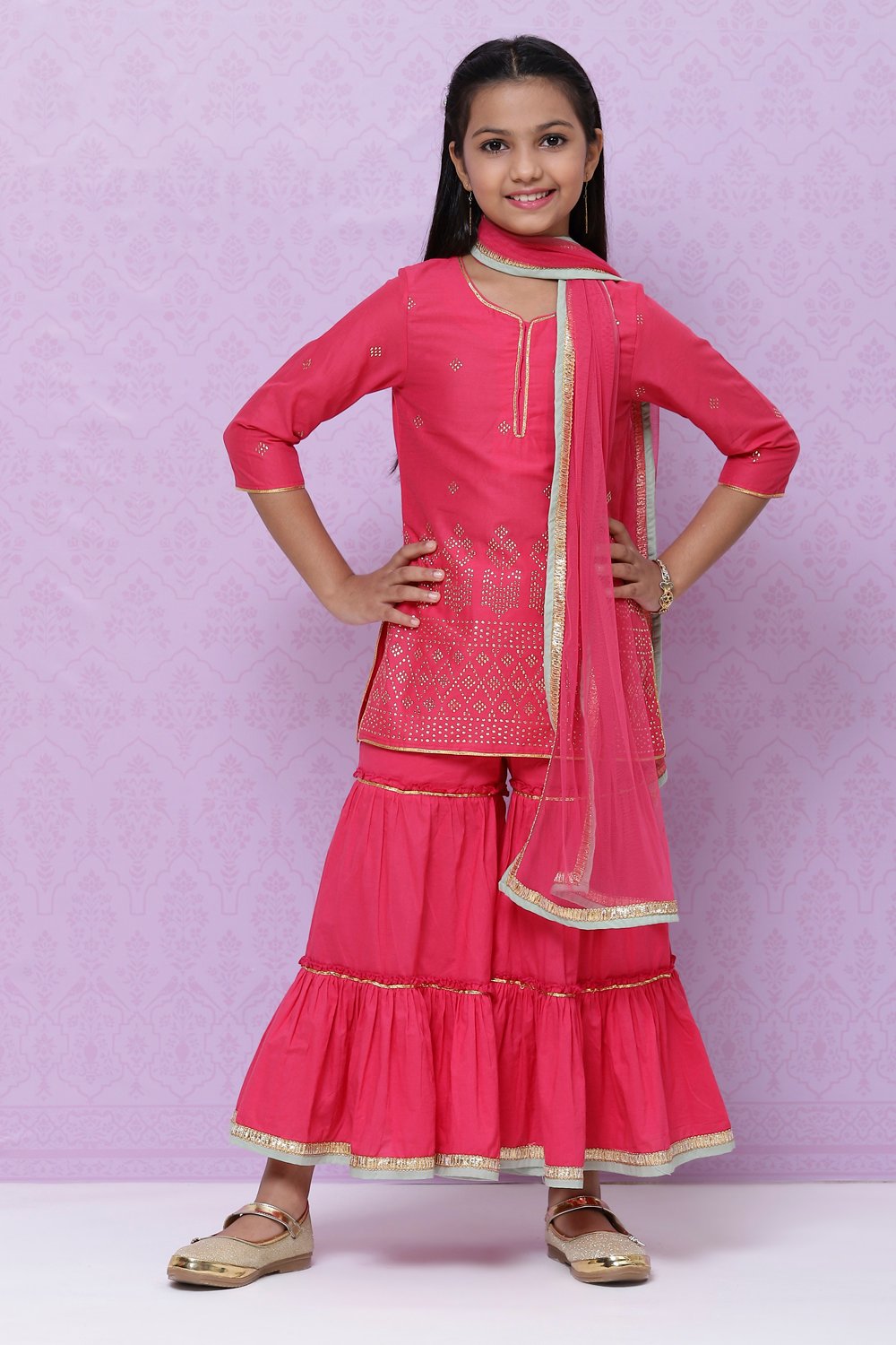 

Fuchsia Cotton Girls Straight Kurta Sharara Suit Set, Fuschia