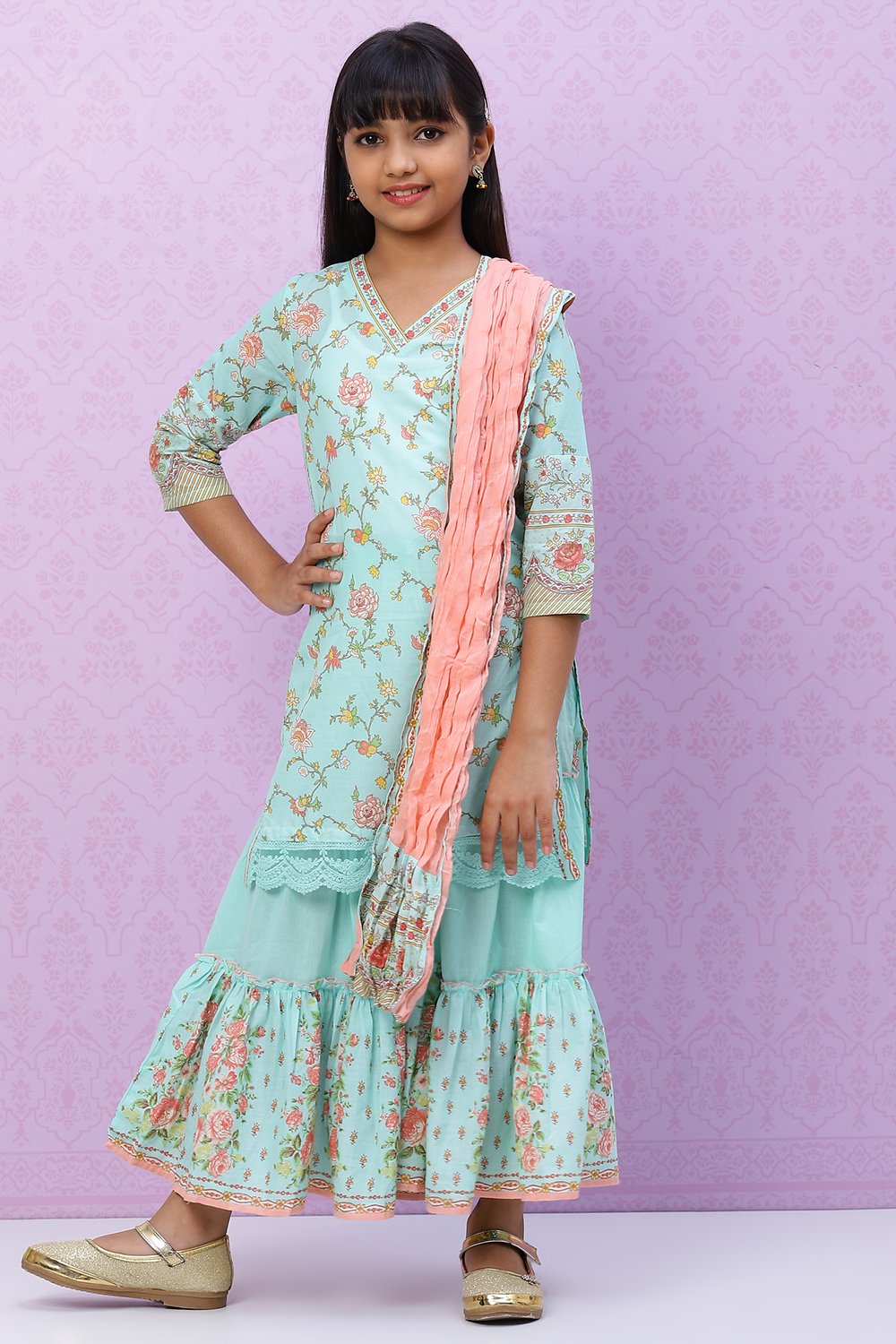 

Turquoise Cotton Girls Straight Kurta Sharara Suit Set