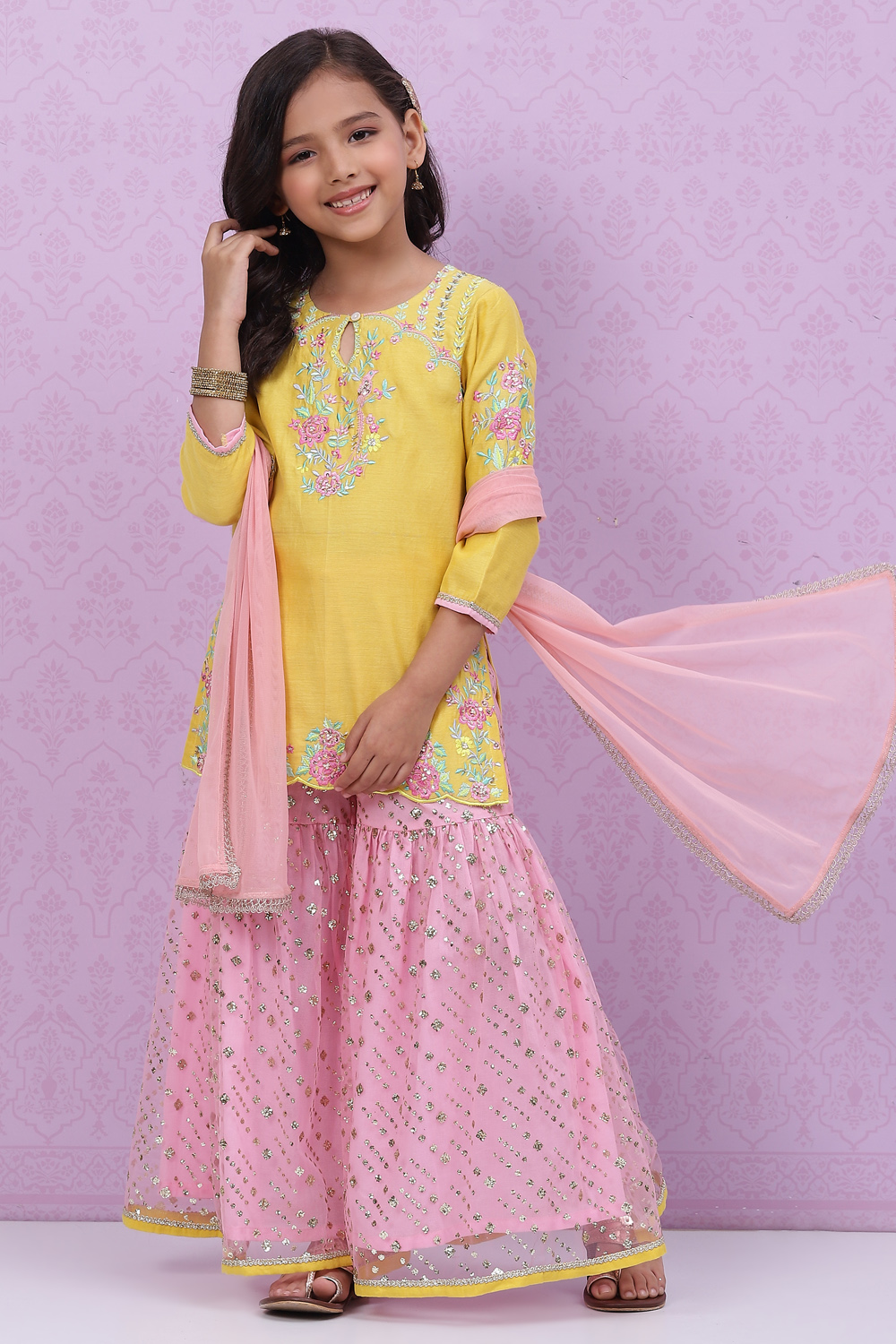 

Yellow Poly Cotton Sharara Kurta Garara Suit Set