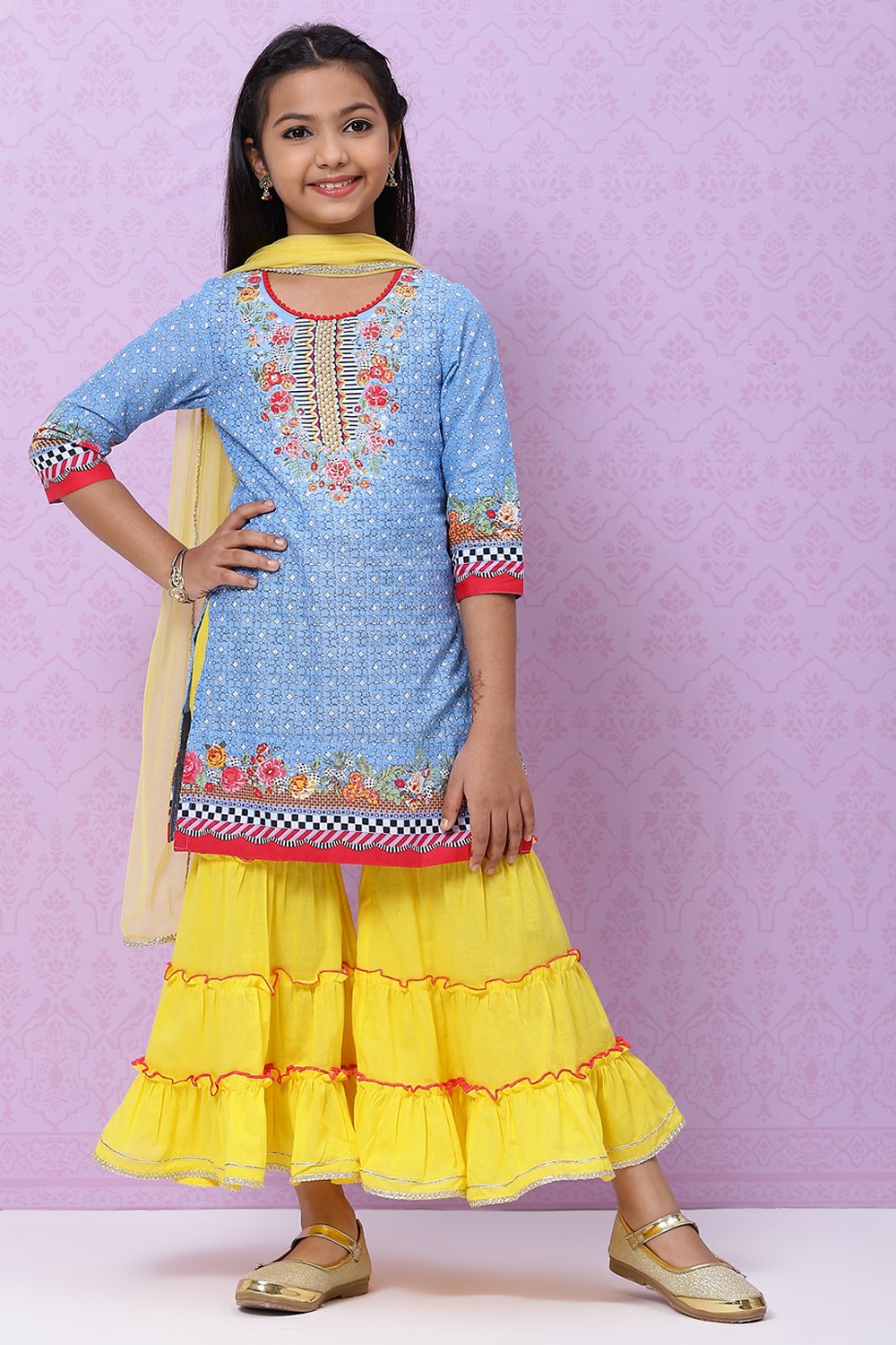 

Blue Cotton Girls Straight Kurta Sharara Suit Set