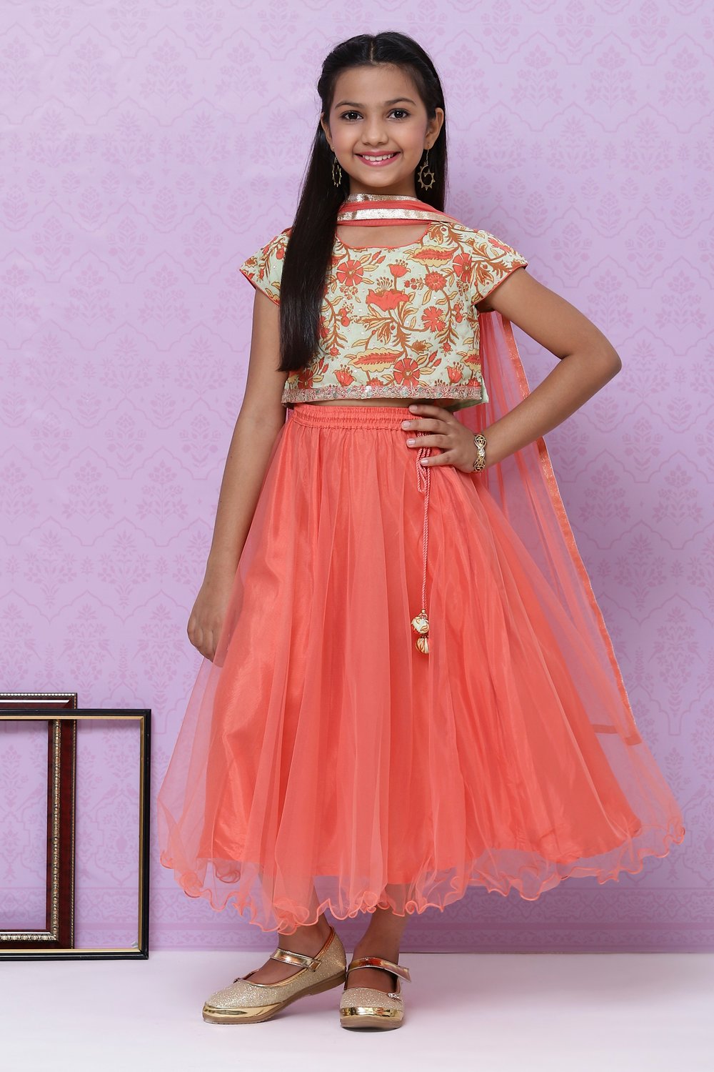 

Green & Orange Art Silk Girls Lehenga Set