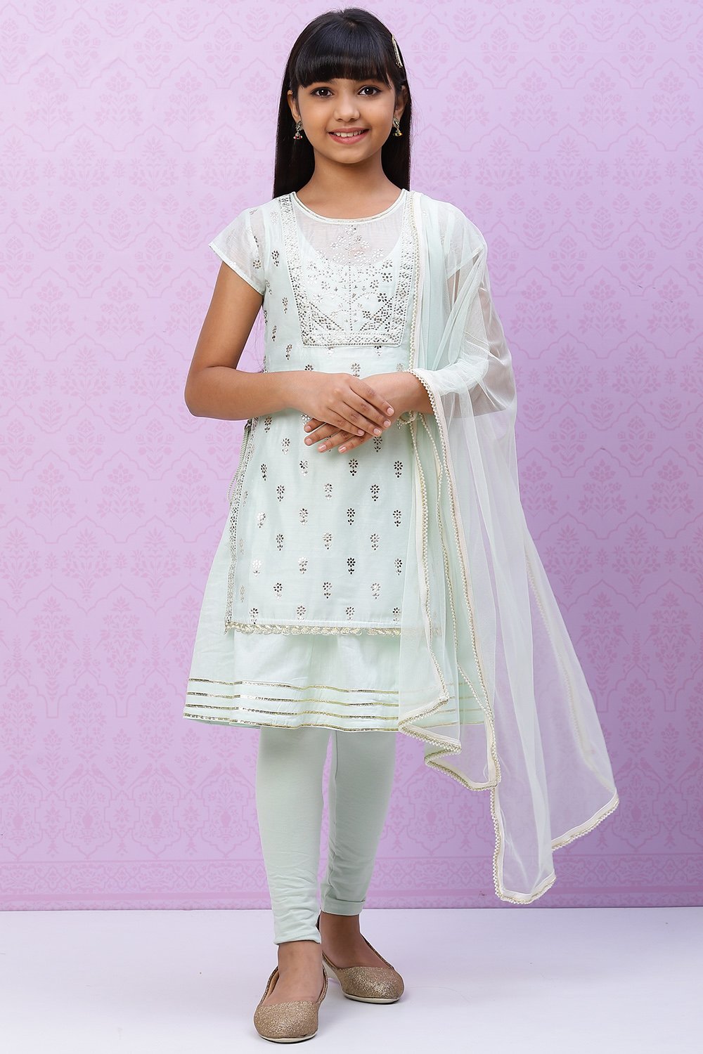 

Light Blue Art Silk Girls Flared Kurta Churidar Suit Set