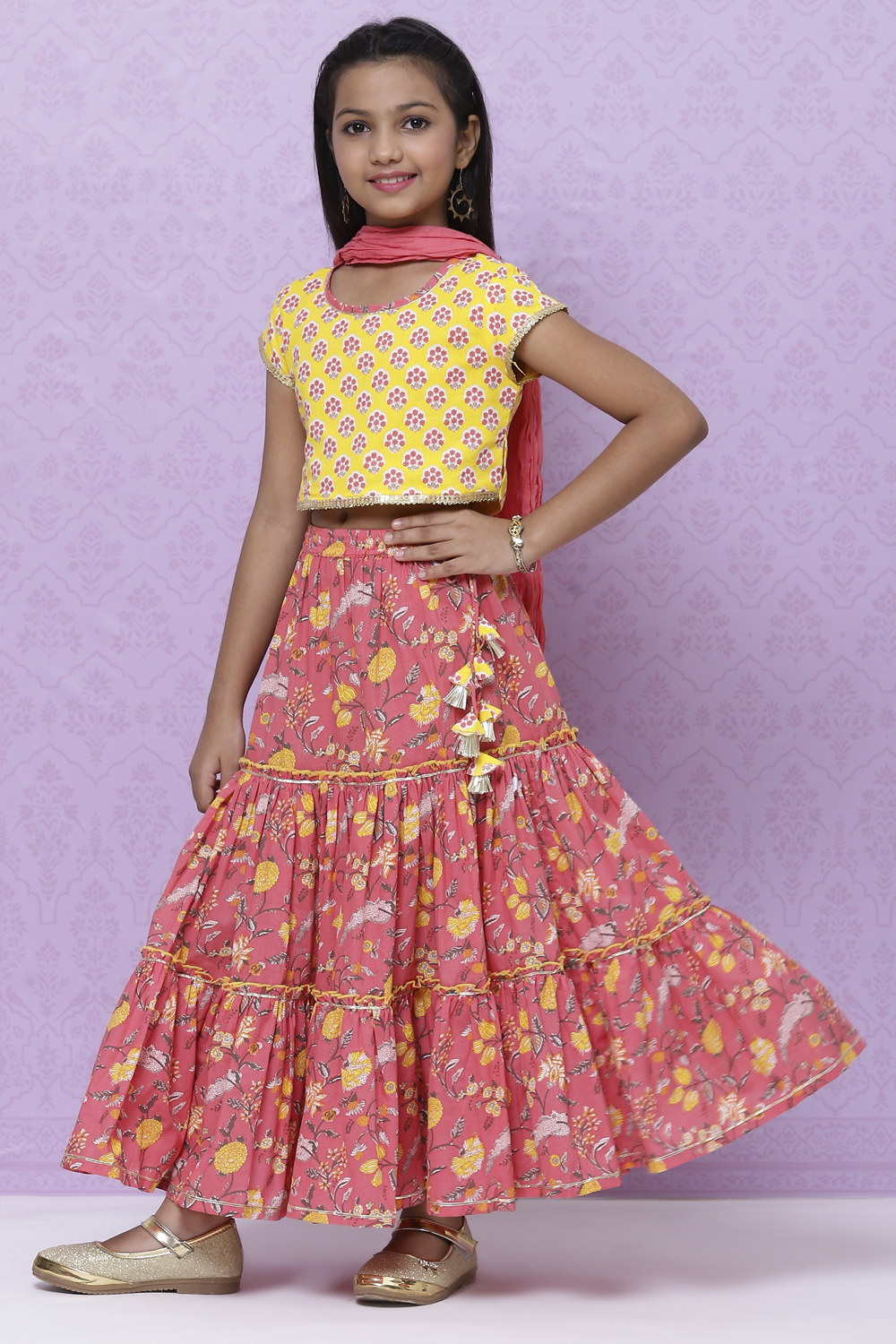 

Yellow And Pink Cotton Girls Lehenga Set, Yellow & pink