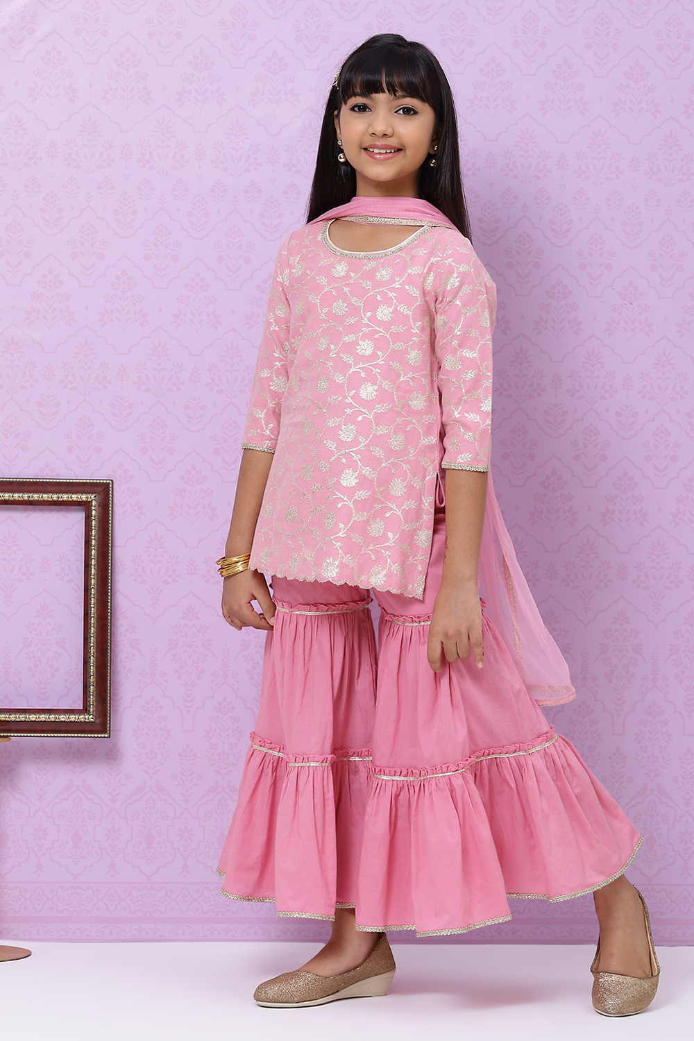 

Pink Poly Metallic Cotton Girls Straight Kurta Sharara Suit Set