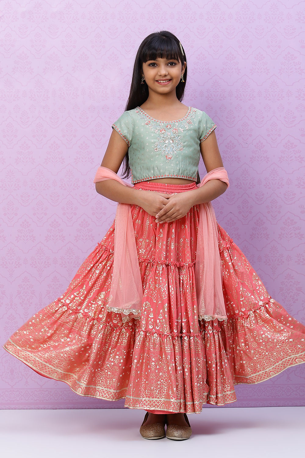 

Green And Peach Straight Art Silk Girls Lehenga Set