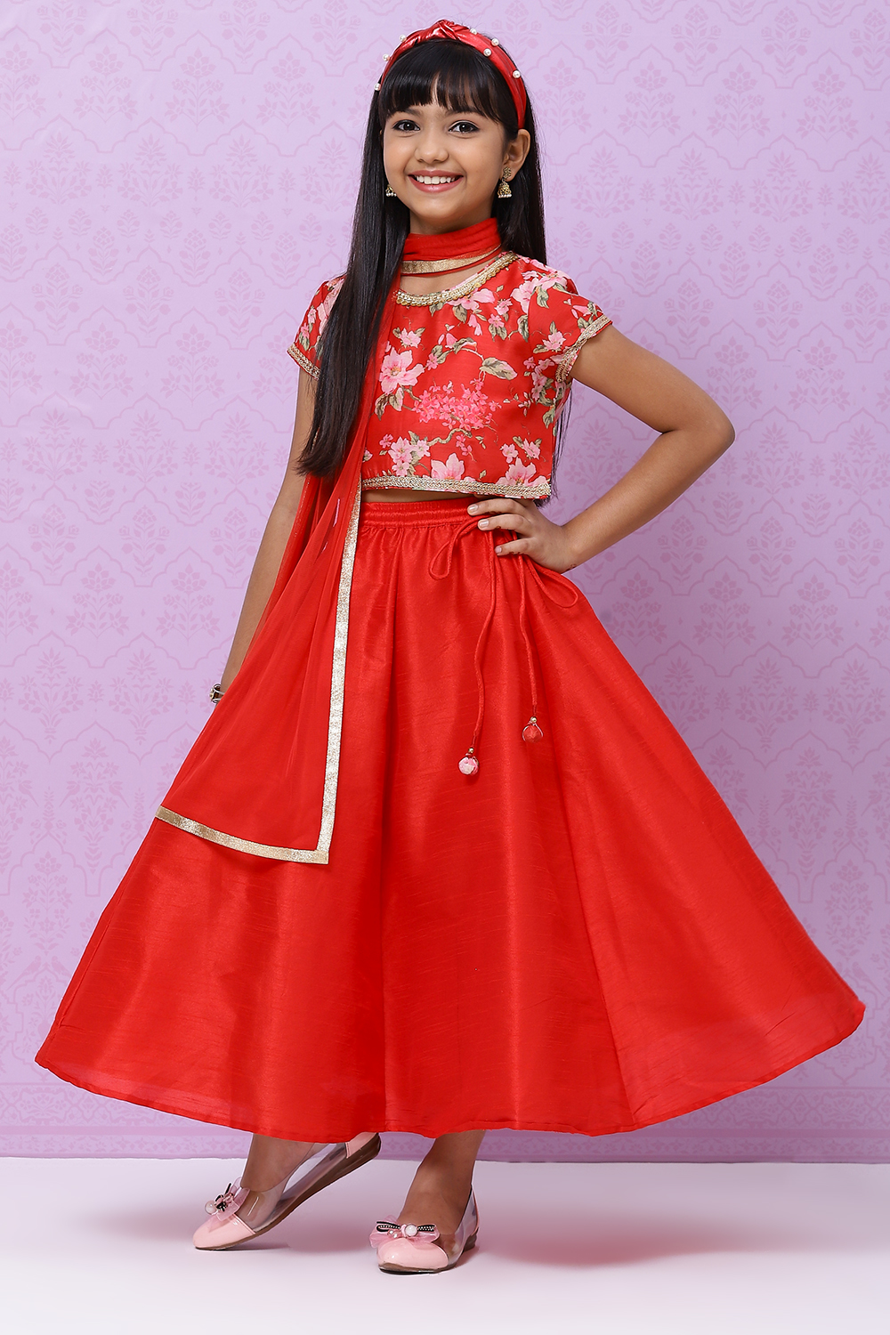 

Red Straight Poly Modal Girls Lehenga Set