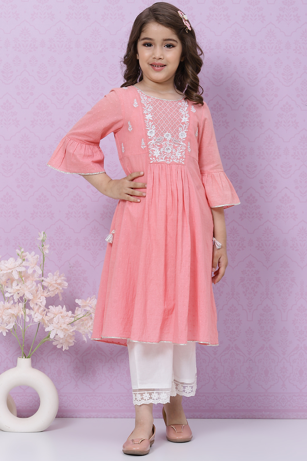 

Pink Cotton Flared Embroidered Kurta Set