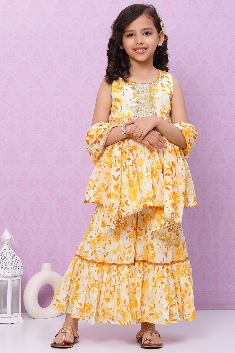 

Yellow Cotton Garara Kurta Sharara Suit Set