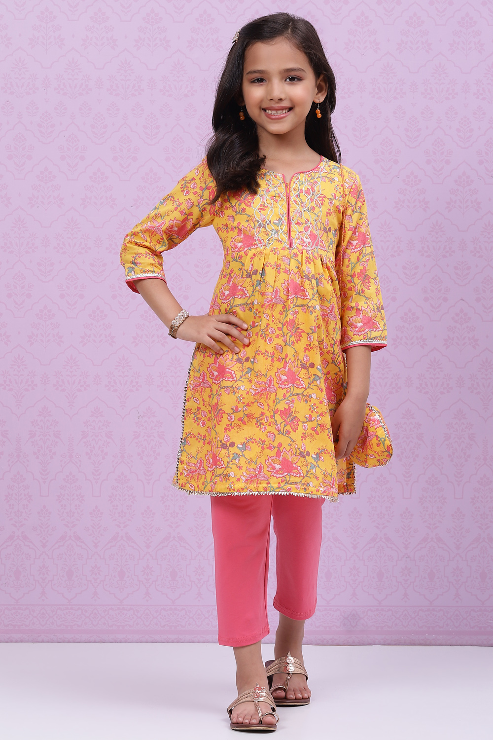 

Yellow Cotton Flared Printed Kurta Set