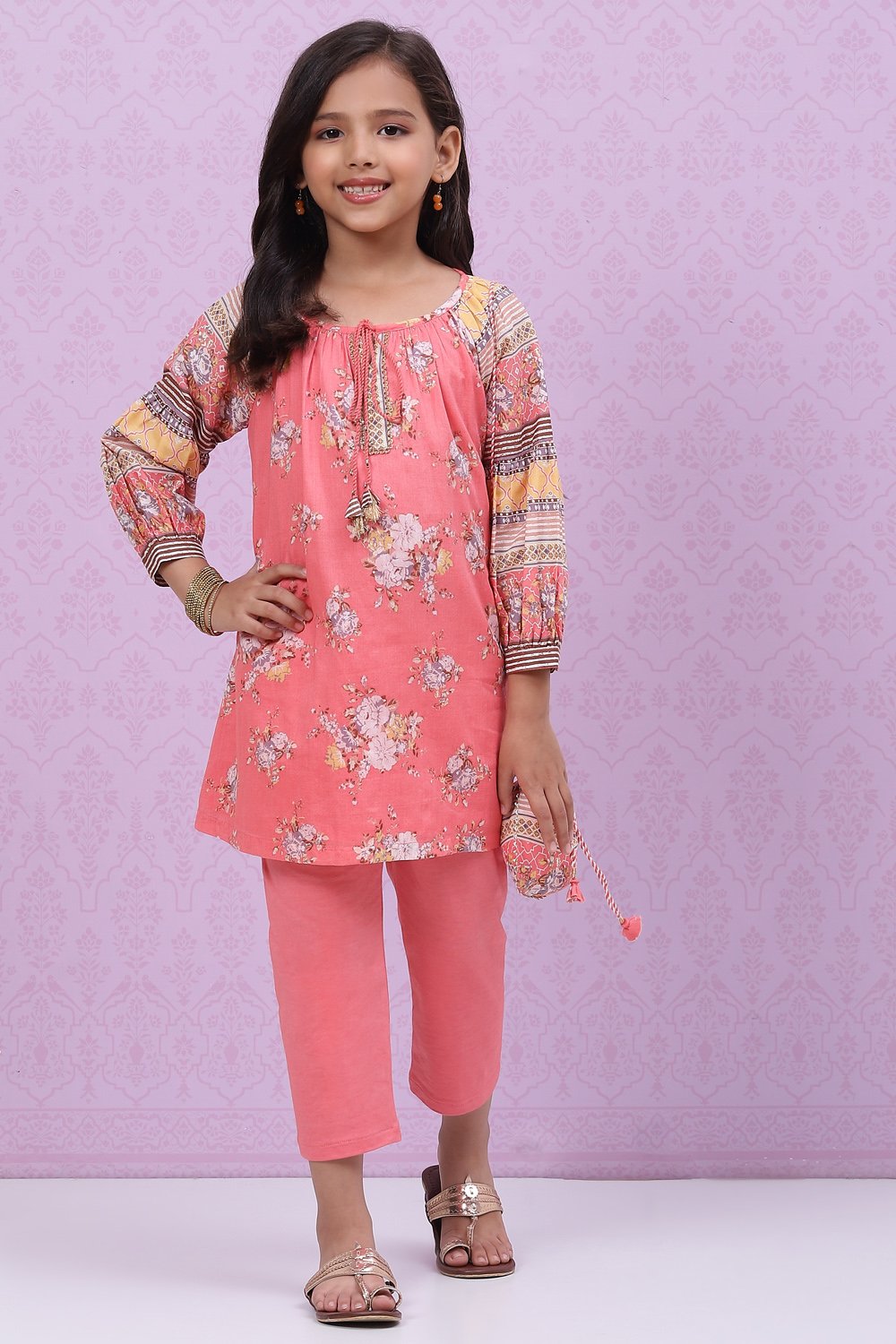 

Peach Cotton Straight Printed Kurta Set