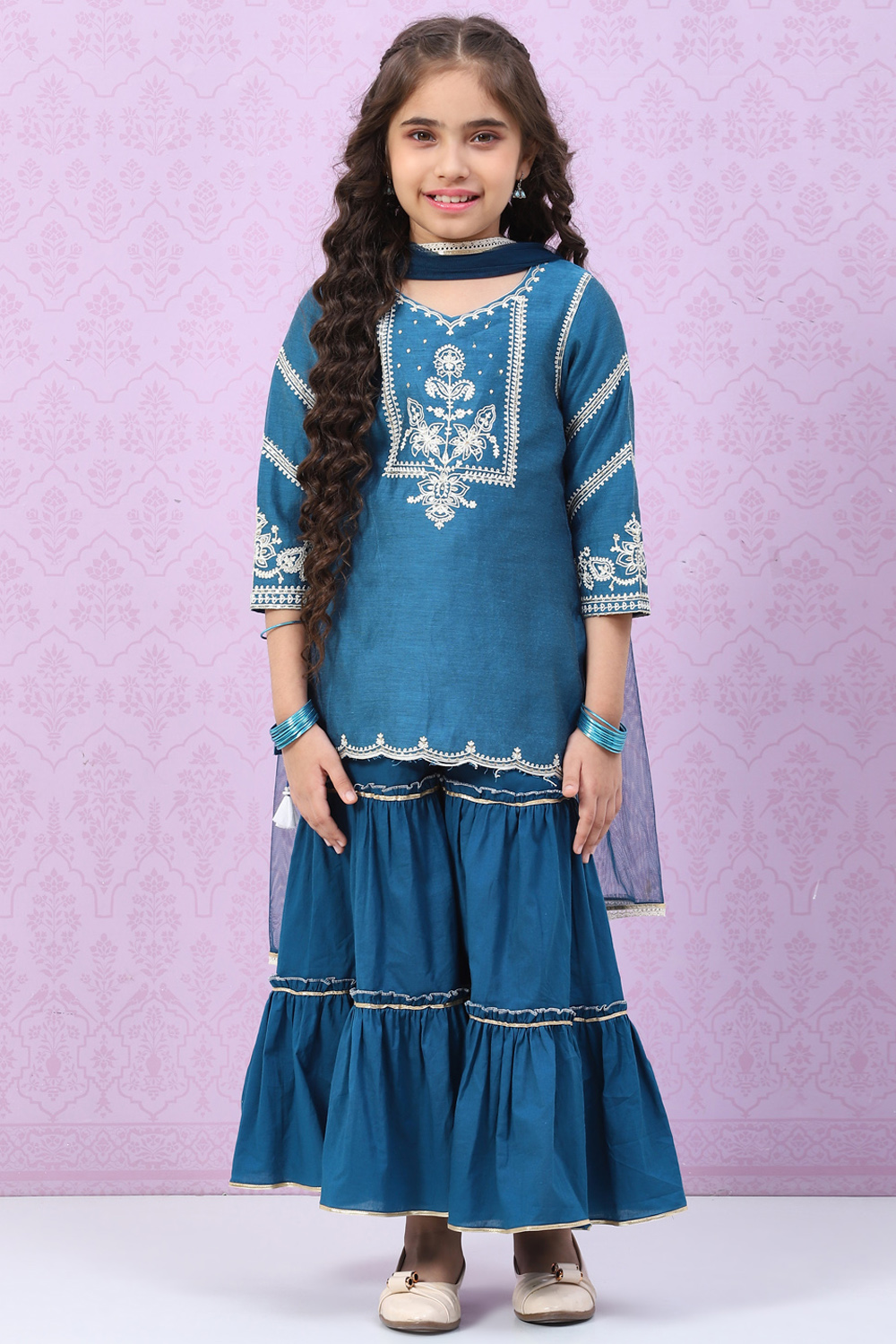 

Blue Art Silk Straight Kurta Sharara Suit Set