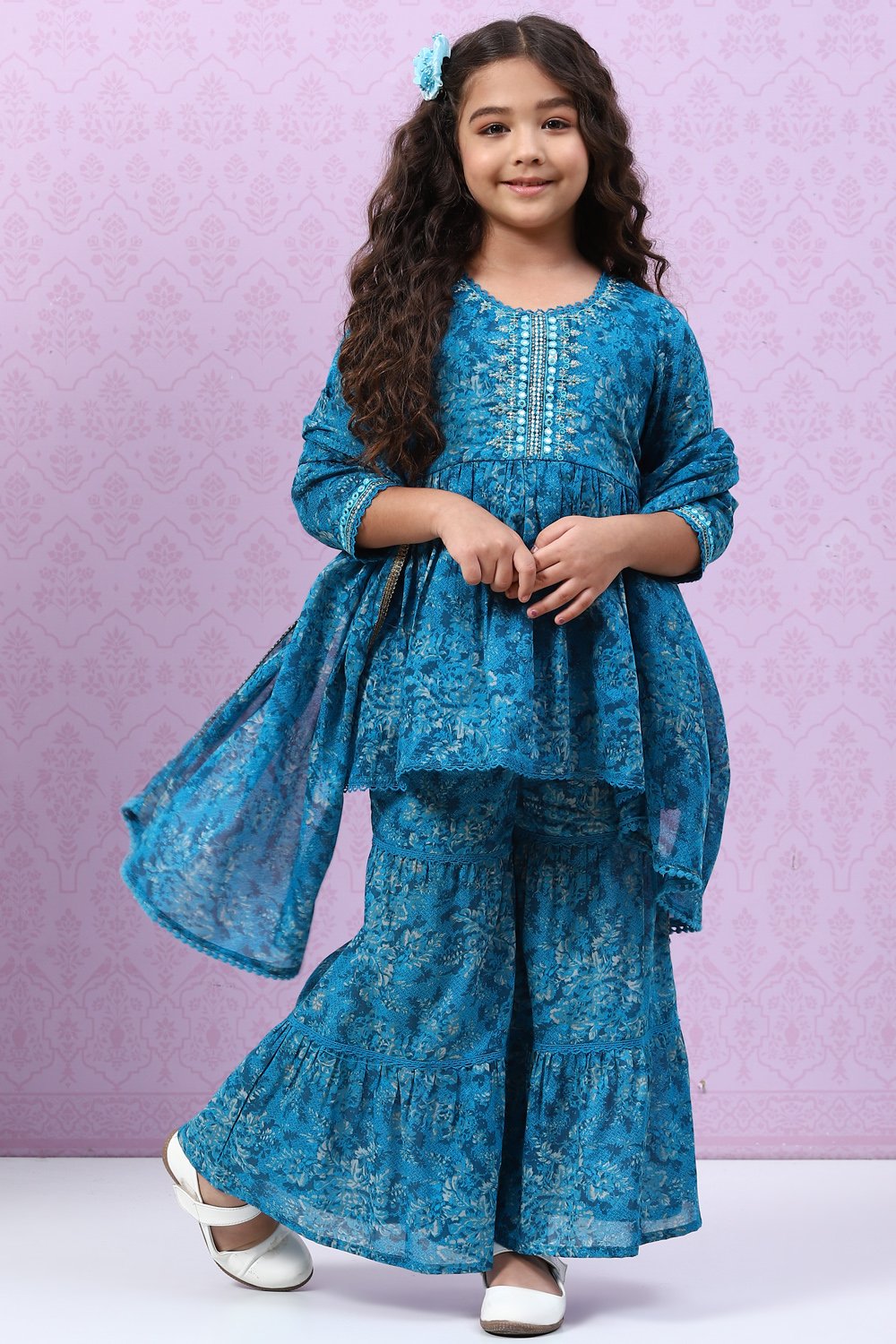 

Teal Blue Cotton Flared Kurta Garara Suit Set