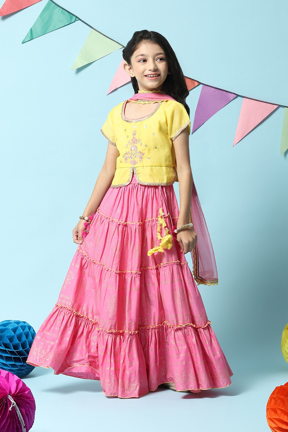 

Yellow & Pink Cotton Blend Short Top Lehenga Set