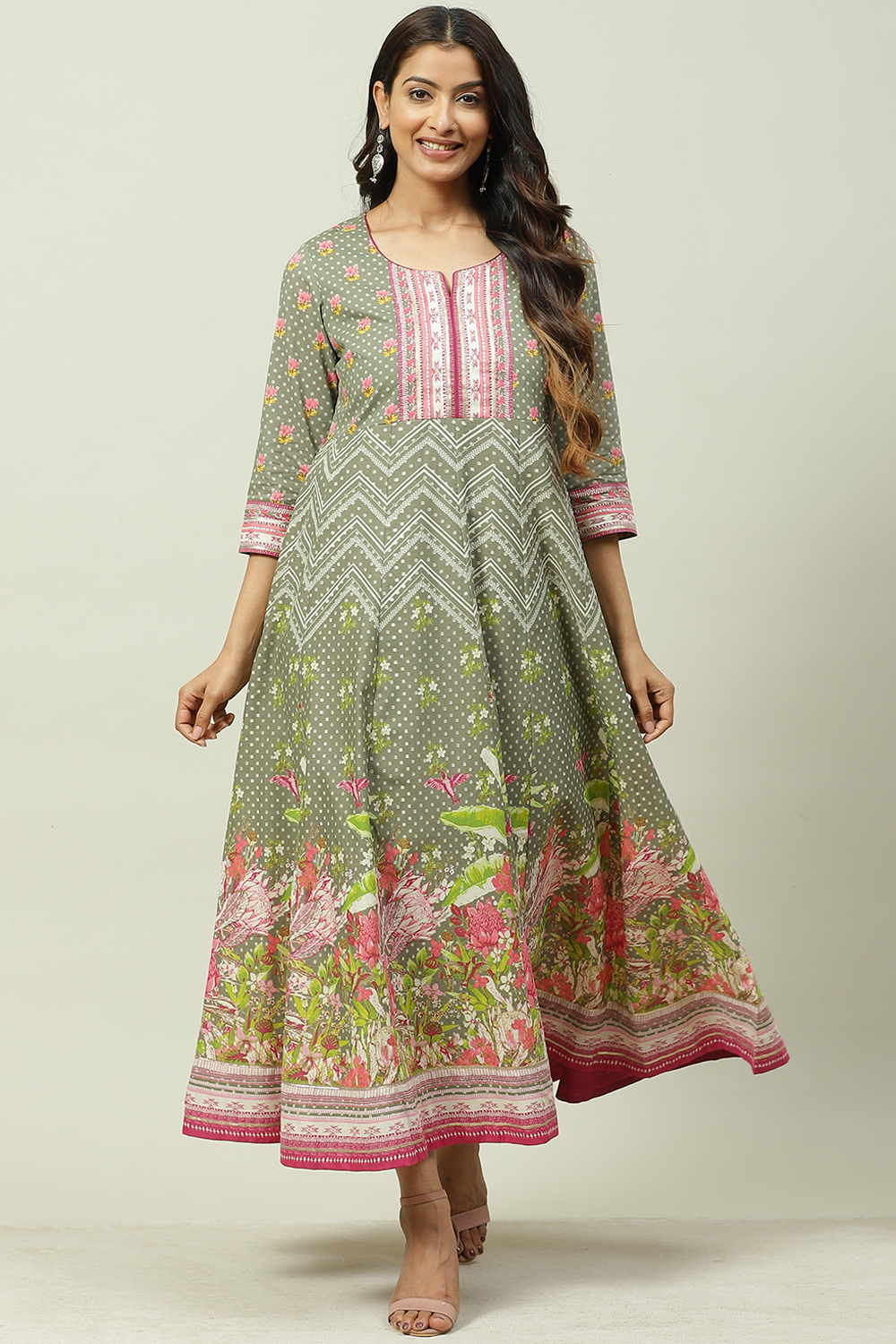 

Olive Green Cotton Flared Printed Dress