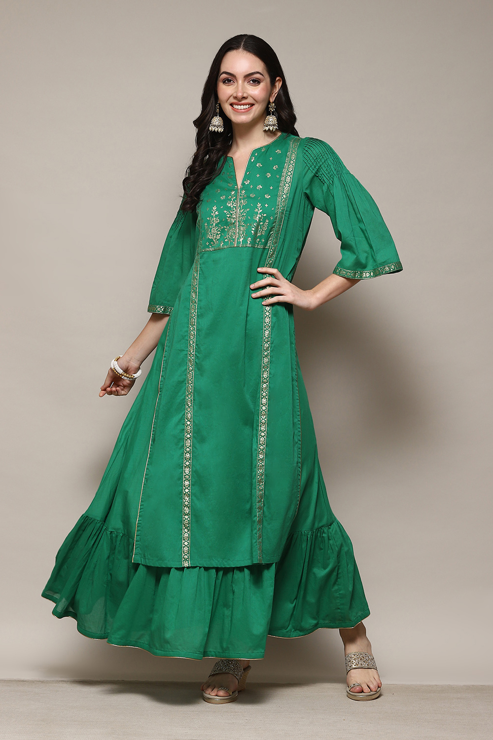 

Green Cotton Flared Printed Kurta