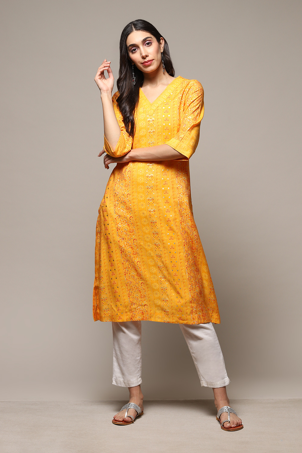 

Ochre Poly Viscose Straight Printed Kurta