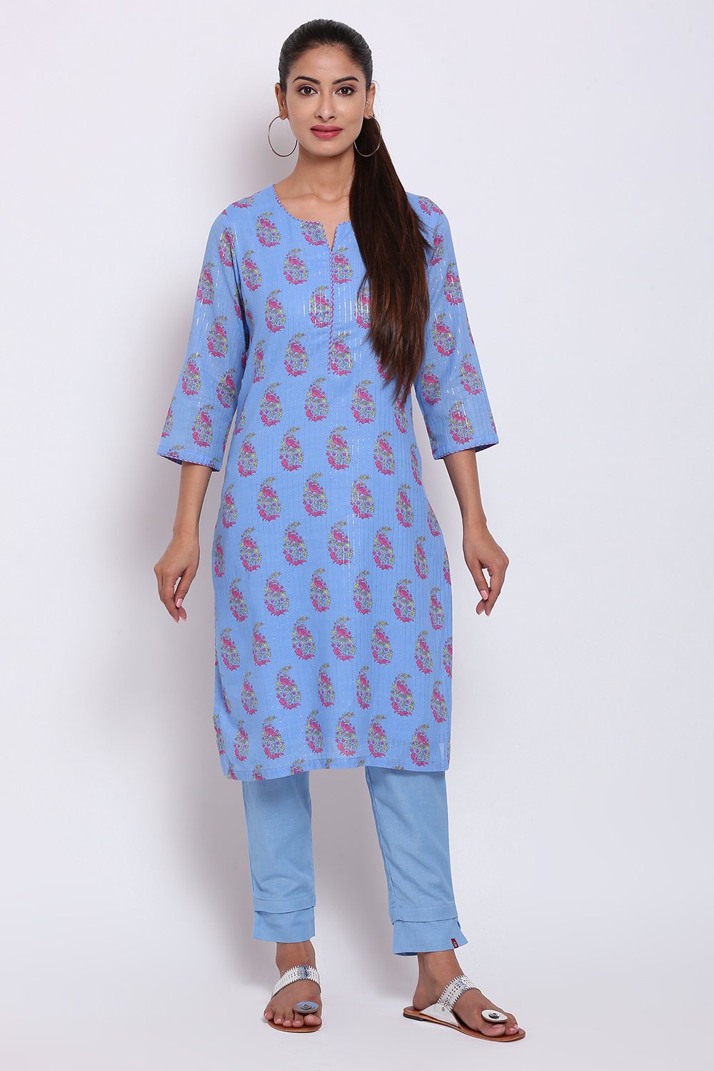 

Blue Metallic Cotton Printed Kurti